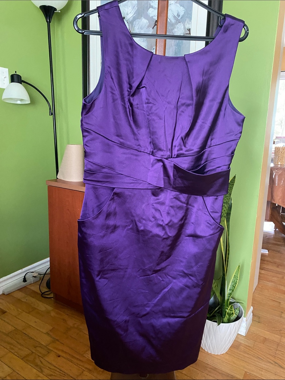 le chateau Satin Purple Sleeveless Sheath Midi Dress